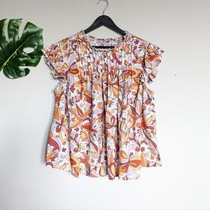 Pink orange and yellow retro floral print baby doll short sleeve top size 0X